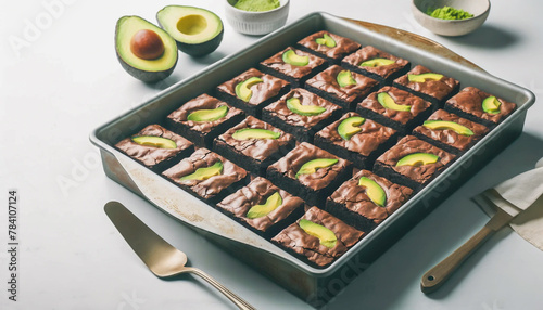 Tray of chocolate brownies topped with avocado slices on a kitchen counter.
