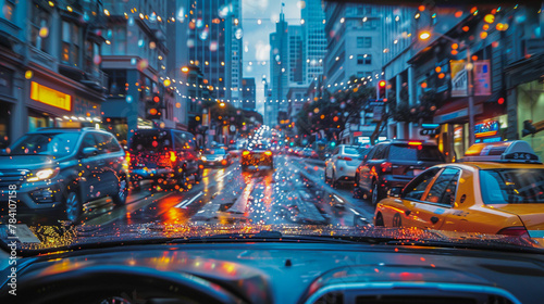 Rain-speckled windshield view of a busy city street with bokeh lights at twilight. photo