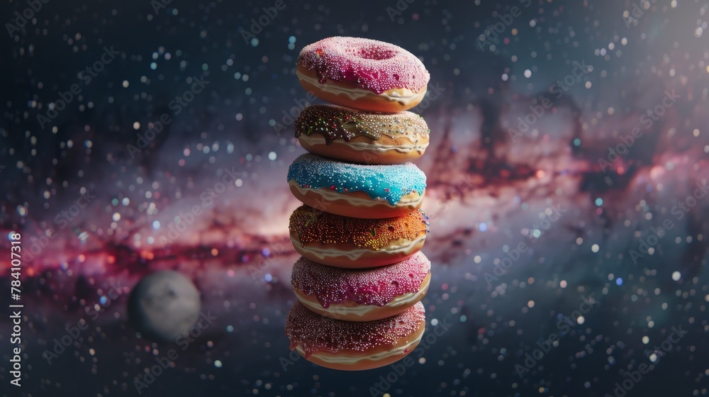 A stack of colorful donuts floating in outer space AI generated illustration - obrazy, fototapety, plakaty 