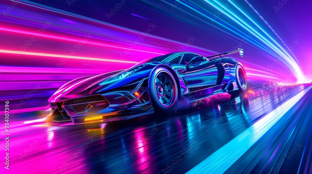 A supercar speeding through a neon-lit 3d rendered world AI generated illustration