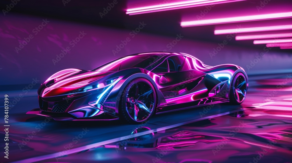 A supercar with chrome details in a neon-lit 3d render AI generated illustration