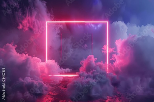 minimal 3d render with neon light square frame and stormy clouds digital ilustration