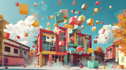 A surreal 3d school building with flying geometric shapes and patterns AI generated illustration