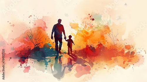 Silhouette of Father and child in Vibrant Watercolor © BG_Illustrations