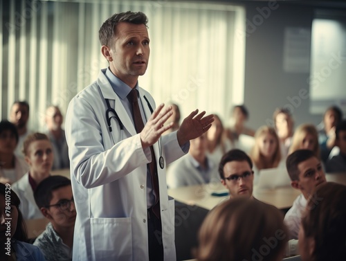 Professional doctor giving educational lecture to colleagues in lecture hall