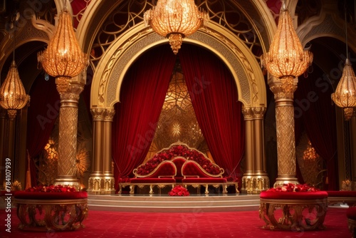 Opulent throne with intricate carvings in grand hall with red velvet curtains, crystal chandeliers, and marble floors exuding regal and majestic ambiance fit for royalty