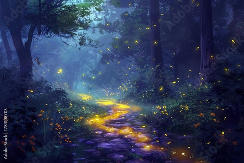 mystical forest path illuminated by glowing fireflies at twilight digital fantasy painting digital ilustration