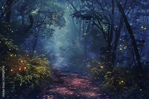 mystical forest path illuminated by glowing fireflies at twilight digital fantasy painting digital ilustration © Lucija