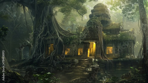 An enchanting ancient temple, radiantly lit amidst a dense and misty forest, evokes wonder and historical allure
