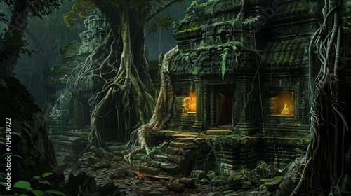 Hidden temple ruins overtaken by jungle flora feature mysterious chambers lit by the ethereal forest light © ChaoticMind