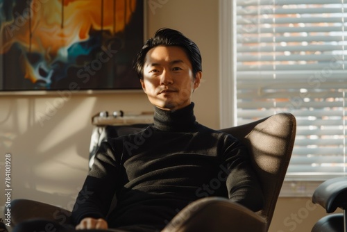 A contemplative man in a black turtleneck sits in a thoughtful pose in an elegant room