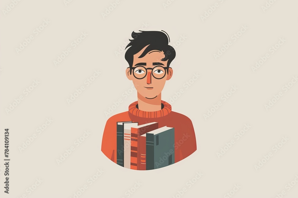 A casually dressed young man with books suggesting intellectual pursuits and a love for reading in an illustrated, warm and snug sweater A casually dressed young man with books suggesting intellectual pursuits and a love for reading in an illustrated, warm and snug sweater