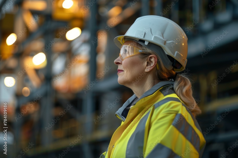 With a contemplative gaze, a construction worker in safety attire looks out over the site, representing progress and future planning With a contemplative gaze, a construction worker in safety attire looks out over the site, representing progress and future planning
