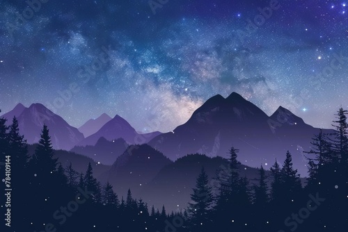 panoramic night sky with milky way galaxy silhouettes of mountains and trees starry horizontal banner digital ilustration © Lucija