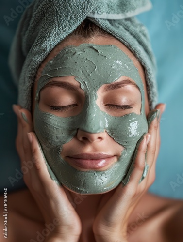 Beautiful young woman with green facial mask on her face
