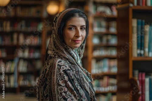 A serene woman wearing a headscarf gazes firmly ahead, surrounded by bookshelves in a library