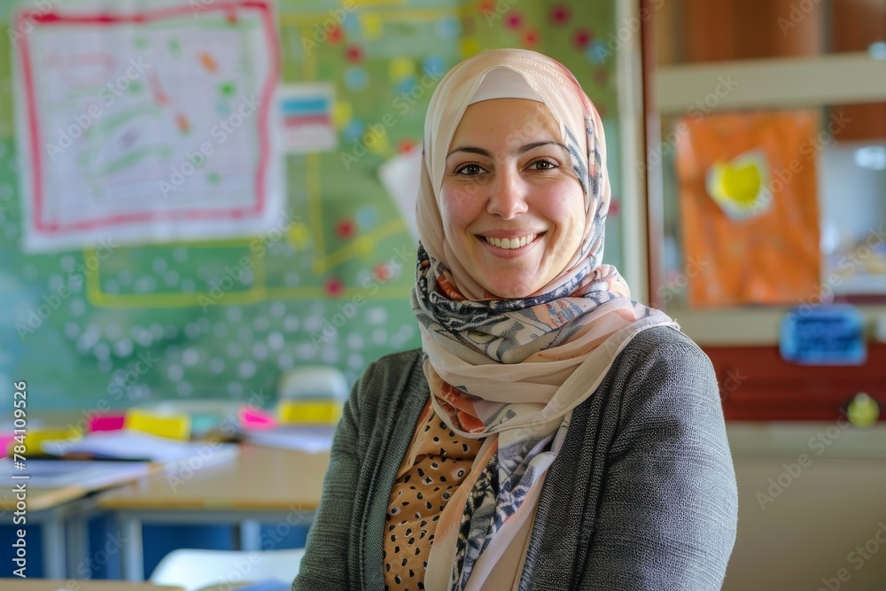 A cheerful educator smiling confidently in a classroom, representing positivity in education A cheerful educator smiling confidently in a classroom, representing positivity in education