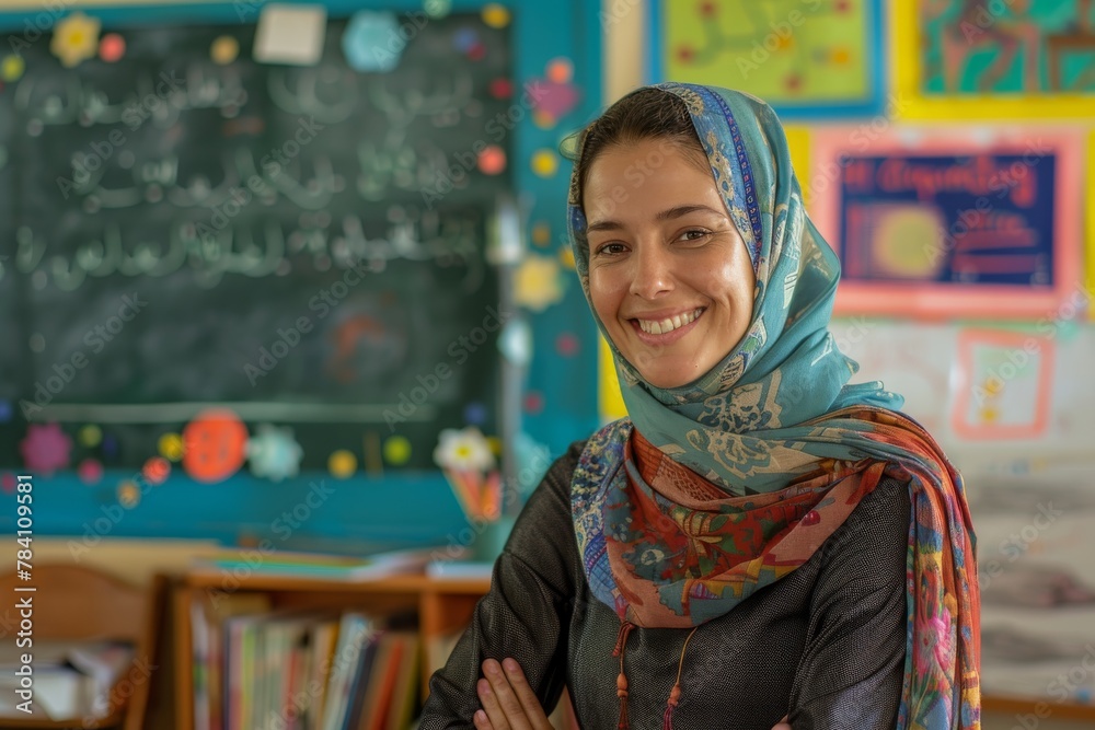 A smiling woman in a hijab positioned confidently in a bright classroom environment A smiling woman in a hijab positioned confidently in a bright classroom environment