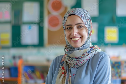 A cheerful woman wearing a hijab with a warm smile stands in a colorful classroom setting
