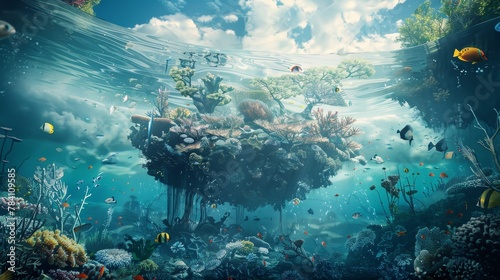 A surreal underwater scene with floating coral reefs and exotic fish AI generated illustration