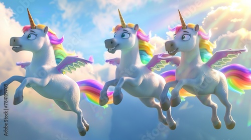 A trio of flying rainbow unicorns   AI generated illustration