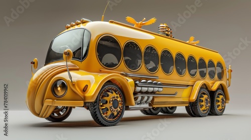 A whimsical 3d school bus with flying windows and wheels AI generated illustration