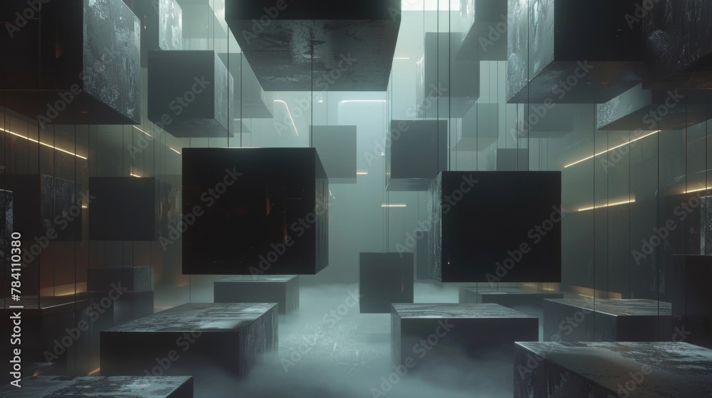 Abstract geometric structures floating in a void of darkness AI generated illustration Abstract geometric structures floating in a void of darkness AI generated illustration
