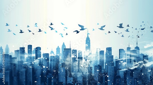 Abstract cityscape with isolated flying objects AI generated illustration