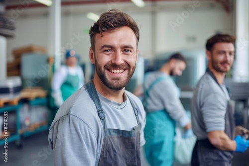 A cheerful workman with protective gear in an industrial environment, representing teamwork and dedication photo