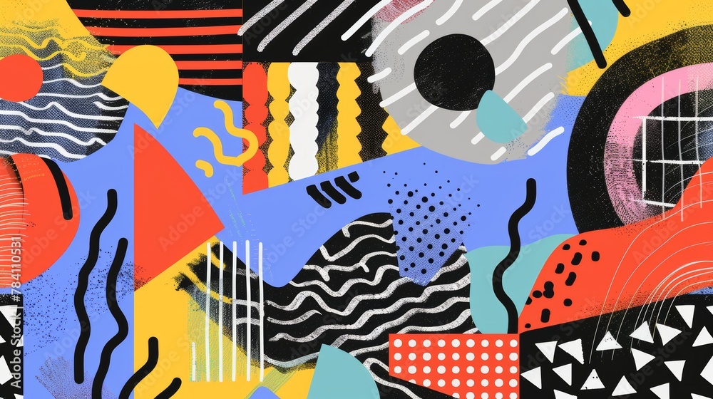 Abstract shapes and patterns in a Memphis style composition   AI generated illustration