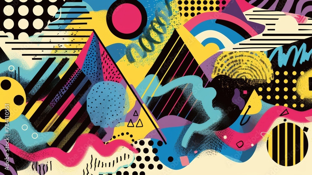Fototapeta premium Abstract shapes and patterns in a Memphis style composition AI generated illustration