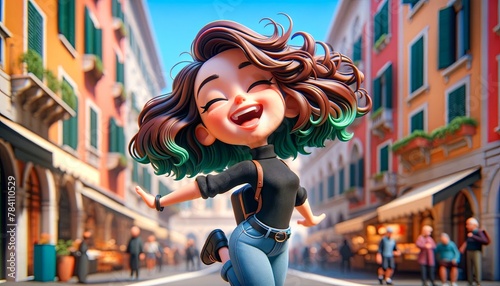 3D girl rejoices on the street of Italy.