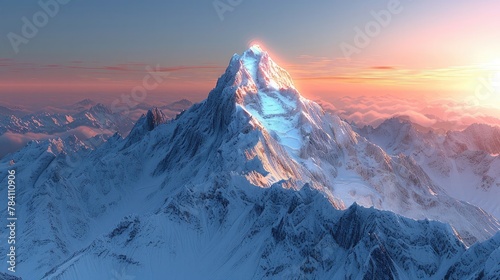 Majestic Snow Capped Peak in the Himalayas at Sunrise or Sunset with Dramatic Lighting and Cloudy Sky