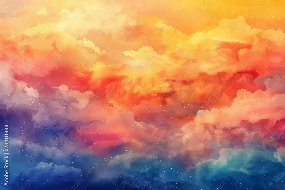 serene watercolor sunset sky with puffy clouds abstract rainbow background