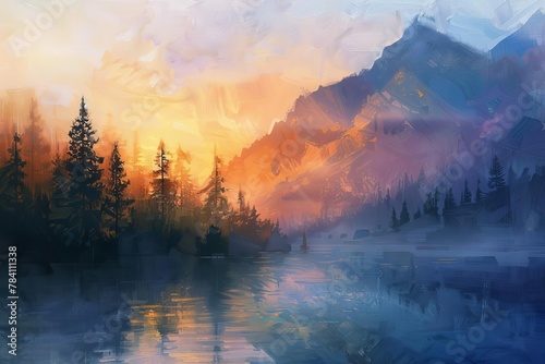 serene misty mountain landscape with a tranquil lake at sunrise oil painting on canvas digital ilustration