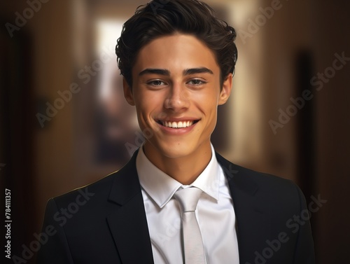 Young business person with bright smile and white teeth in realistic portrait