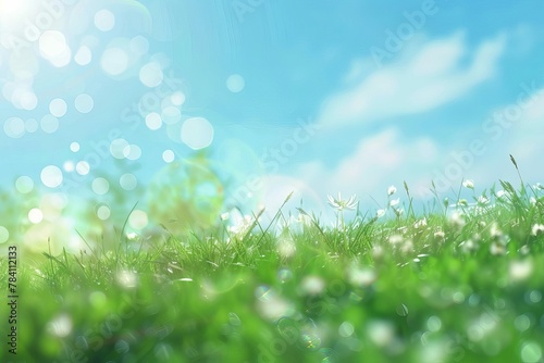 sunny spring meadow blurred background with blue sky and green grass digital ilustration