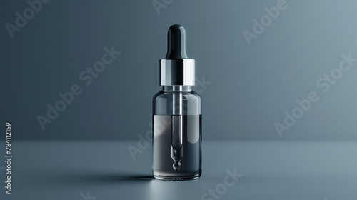 Beauty bottle of serum with rubber dropper or pipette. Glass material, liquid inside, dark blue background, studio photo of cosmetic and medicine skincare routine