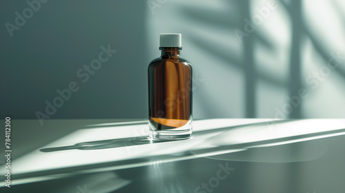 Stylish brown glass bottle of medicine and pills. Beauty cosmetic, serum and vitamins. Attractive blue background with shadows, minimalistic image for sellings. Morning studio light photo