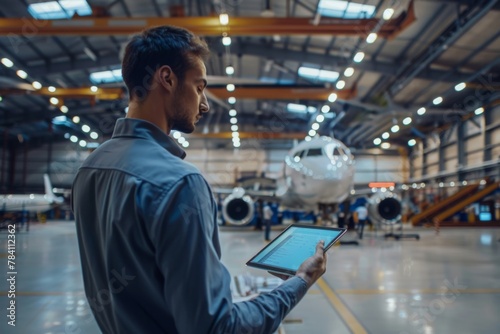 Focused engineer with a tablet supervises the assembly of an aircraft in a hangar
