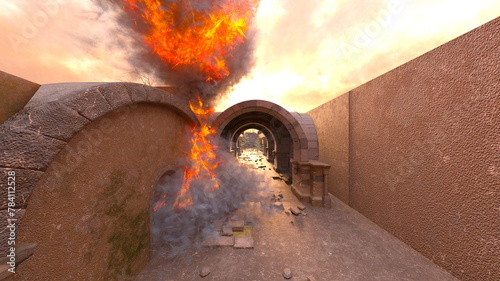 攻撃される石壁の通路　3DCGレンダリング
