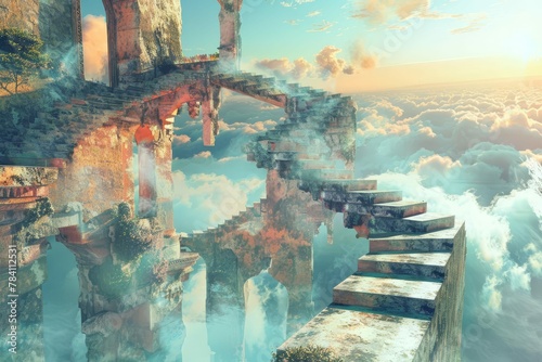 surreal dreamscape with floating staircase and impossible architecture digital art concept photo