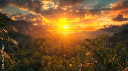 Captivating Sunset Over the Lush Tropical Rainforest Landscape in Papua New Guinea
