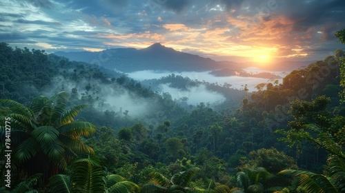Enchanting Misty Mountain Sunrise in the Lush Tropical Rainforest of Papua New Guinea © Sittichok