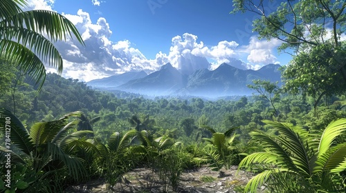 Verdant Jungle Landscape of Papua New Guinea s Mohikama Region with Towering Mountains and Wispy Clouds Against a Brilliant Blue Sky