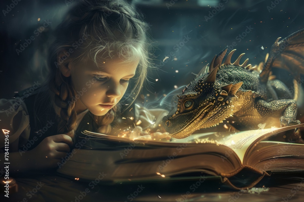 Young girl reading a fantasy book with her mythical dragon friend in a magical setting Young girl reading a fantasy book with her mythical dragon friend in a magical setting