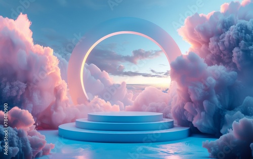 Blue background with a product podium surrounded by pink clouds Smoke fog steam background Vector illustration