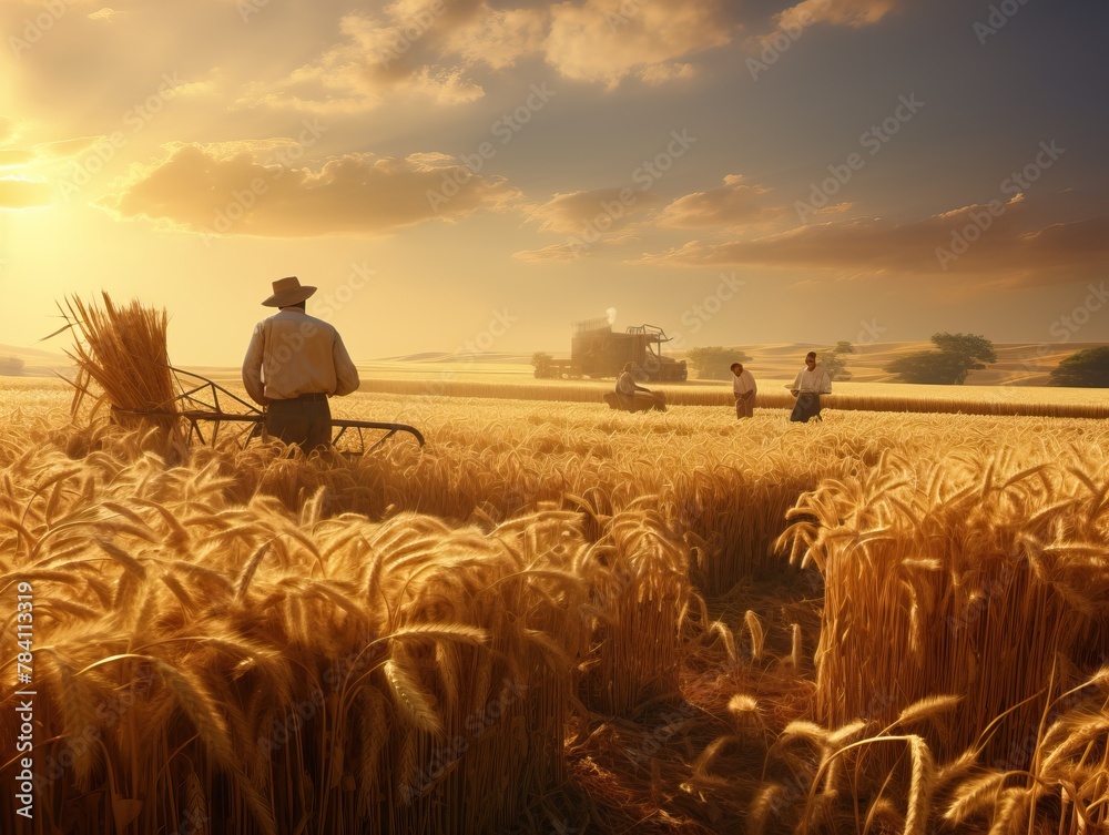 Obraz premium Busy morning on the farm: farmers tending to animals and harvest