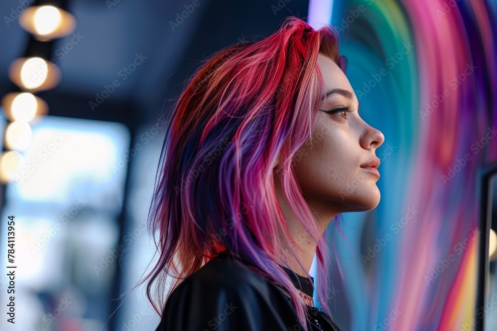 Fototapeta premium Stylish woman showcases her bright, multi-colored hair after a salon visit