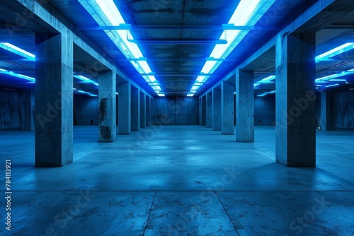 underground concrete basement with blue lighting industrial grunge 3d illustration